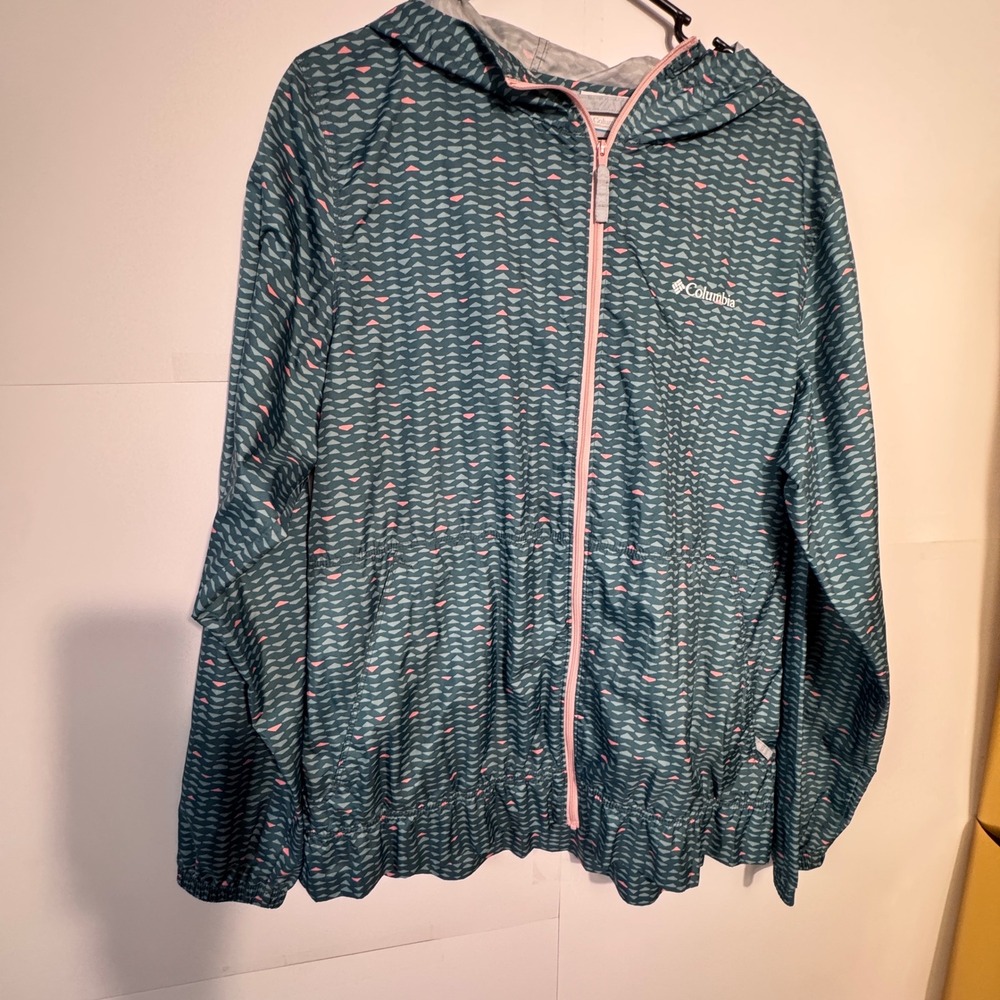 Columbia Windbreaker Jacket Womens L Teal Pink Geometric Lightweight Gorpcore